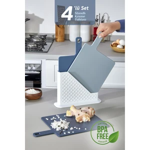 4'lü Tezgah Üstü Standlı Kulplu Kesme Tahtası - Çoklu Doğrama Tahtası Ekmek Sebze Et Kesim Panosu