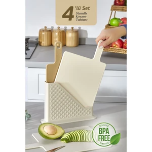 4'lü Tezgah Üstü Standlı Kulplu Kesme Tahtası - Çoklu Doğrama Tahtası Ekmek Sebze Et Kesim Panosu