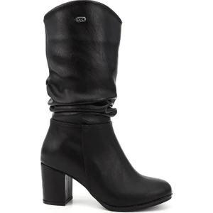 Kadın Siyah Yuvarlak Burun Körüklü Kalın Topuklu Çizme