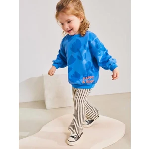 Kız Çocuk Pamuklu Mavi Çiçek Desenli Sweatshirt Çizgili Pantolon Takım