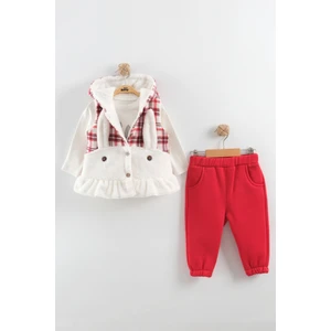 Kız Bebek Düğmeli Peluş Eşofman 3'lü Takım (9-12-18 Ay)