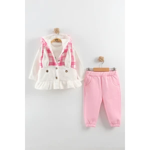 Kız Bebek Düğmeli Peluş Eşofman 3'lü Takım (9-12-18 Ay)