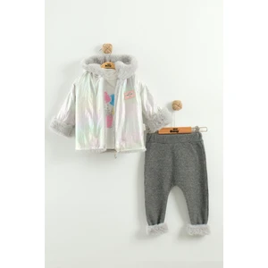 Kız Bebek Baskılı Sweatshirt, Pantolon ve Ceket 3'lü Takım (9-12-18 Ay)