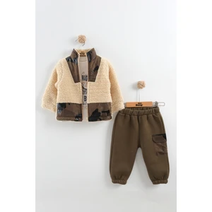 Erkek Bebek Kamuflaj Desen Peluş Eşofman 3'lü Takım (9-12-18 Ay)