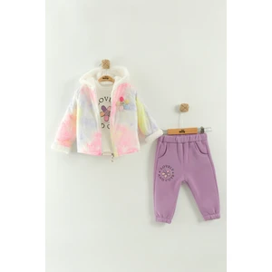 Kız Bebek Baskılı Sweatshirt, Pantolon ve Ceket 3'lü Takım (9-12-18 Ay)