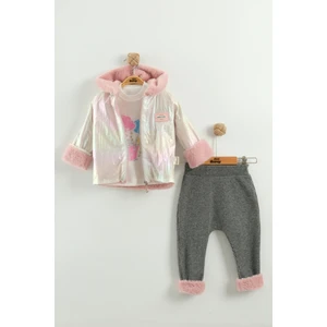 Kız Bebek Baskılı Sweatshirt, Pantolon ve Ceket 3'lü Takım (9-12-18 Ay)