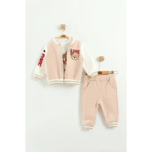Kız Bebek Baskılı 3'lü Eşofman Takımı (Sweatshirt, Pantolon, Ceket ) (9-12-18 Ay)