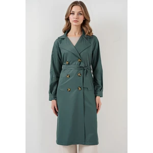 Kadın BDART Düğmeli Kruvaze Yaka Uzun Trençkot Zümrüt Yeşili