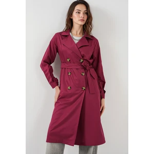 Kadın BDART Düğmeli Kruvaze Yaka Uzun Trençkot Bordo Kırmızı