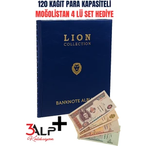 3Alp Koleksiyon Lion 120 Adet Kağıt Para Kapasiteli, 20 Sayfa Kağıt Para Albümü, Lacivert Deri Desenli
