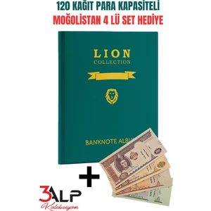 3Alp Koleksiyon Lion 120 Adet Kağıt Para Kapasiteli, 20 Sayfa Kağıt Para Albümü, Yeşil Renk