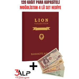 3Alp Koleksiyon Lion 120 Adet Kağıt Para Kapasiteli, 20 Sayfa Kağıt Para Albümü, Bordo Renk