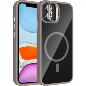 iPhone 11 Kılıf Standlı ve Kamera Lens Hediyeli M-Safe Şarj Özellikli Tkdw Etro Kapak - Gri