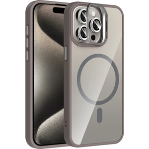 iPhone 15 Pro Kılıf Standlı ve Kamera Lens Hediyeli M-Safe Şarj Özellikli Tkdw Etro Kapak - Gri