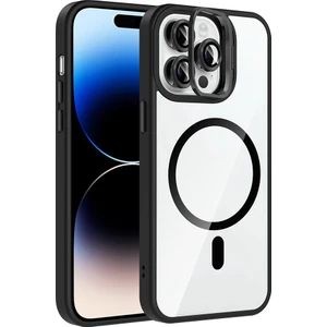 iPhone 14 Pro Max Kılıf Standlı ve Kamera Lens Hediyeli M-Safe Şarj Özellikli Tkdw Etro Kapak - Siya