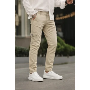 Erkek Bol Paça Esnek Krem Kargo Cepli Pantolon
