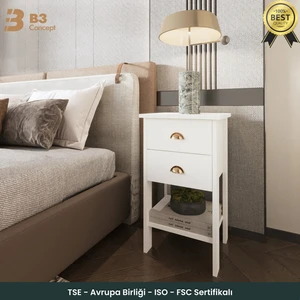 Retro Serisi Özel Tasarım Yatak Yanı - Kolay Kurulum - Çift Çekmeceli Komodin Beyaz