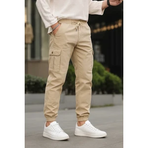 Erkek Lastikli Kargo Cepli Krem Jogger Pantolon
