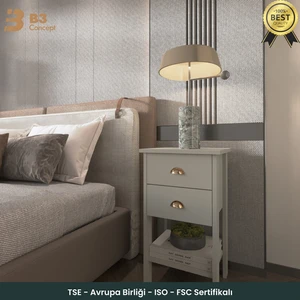 B3 Concept Retro Serisi Özel Tasarım Yatak Yanı - Kolay Kurulum - Çift Çekmeceli Komodin Açık Gri