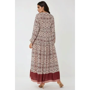 Kadın Gömlek Yaka Desenli Modest Elbise Tuğla Kırmızısı