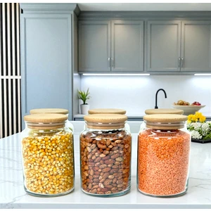 6'lı Ahşap Vakum Kapaklı 800 ml Cam Bakliyat Saklama Kavanozu Seti Etiket Hediyeli