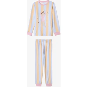 Açık Mavi Kız Çocuk Ballet Çizgili Uzun Kollu Pijama Takımı