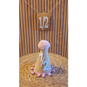 Yarım Yaş 6 Ay Şapka Jüt Kumaş Pembe Ponponlu Şapka Doğum Günü Şapkası 6 Ay Ponponlu Çuval Kumaşlı