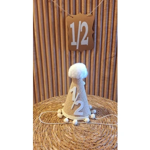 Yarım Yaş 6 Ay Şapka Jüt Kumaş Krem Ponponlu Şapka Doğum Günü Şapkası 6 Ay Ponponlu Çuval Kumaşlı