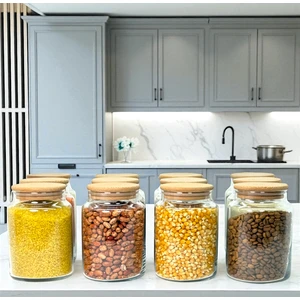 12'li Ahşap Vakum Kapaklı  800 ml Cam Bakliyat Saklama Kavanozu Seti Etiket Hediyeli