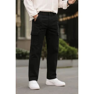 Erkek Bol Paça Kargo Cepli Siyah Kot Pantolon