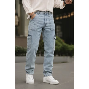 Erkek Bol Paça Kargo Cepli Buz Mavi Kot Pantolon