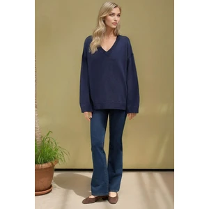 Kadın Kalın Örme V-Yaka Kazak Gece Mavisi