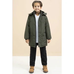 Haki Içi Kürklü Çıtçıtlı Cepli Uzun Kesim Erkek Çocuk Kapüşonlu Şişme Mont 21445