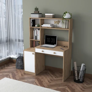 HA126 Kitaplıklı 4 Raflı  Kapaklı Çekmeceli Çalışma Ofis Bilgisayar Masası Sepet Ceviz - Beyaz