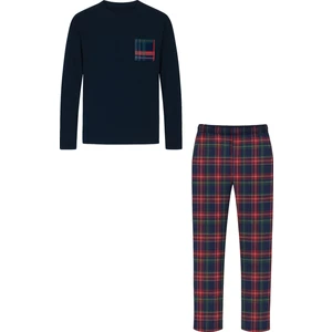 Erkek Pamuklu Göğüs Cepli Lacivert- Kırmızı Ekose Desenli Uzun Kollu Cep Detaylı Pijama Takımı
