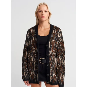 60984 Desenli Şardonlu Düğmeli Triko Hırka-Siyah