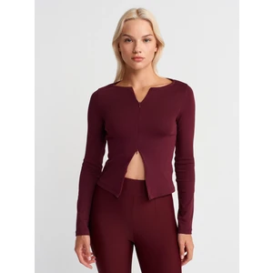 31993 Fermuar Detaylı Uzun Kollu Top-Bordo