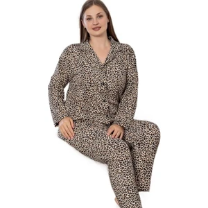 Giovanna Gömlek Yaka Büyük Beden Leopar Kadın Pijama Takımı Yumuşak Dokulu 3xl/6xl
