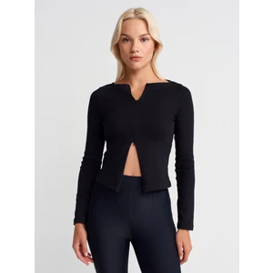 31993 Fermuar Detaylı Uzun Kollu Top-Siyah