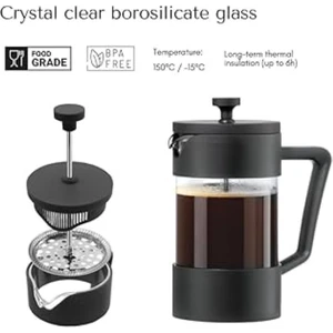 French Press 420 ml Borosilikat Siyah Kahve Demleme Potu, Isıya Dayanıklı Filtre Kahve Pres