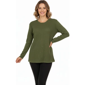 Kadın Kışlık Pamuklu Örme Ince Triko Anne Kazak Yuvarlak Yaka Desenli Uzun Kol Rahat Kesim Tam Kalıp