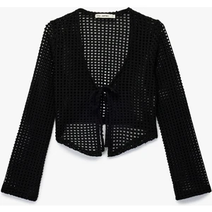 V Yaka Uzun Kollu Önden Bağlamalı Ajurlu Hırka