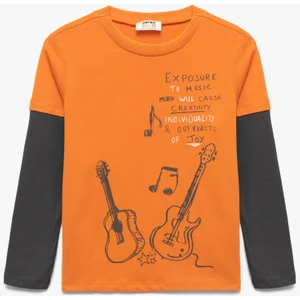 Pamuklu Uzun Kollu Bisiklet Yaka Baskılı Tişört