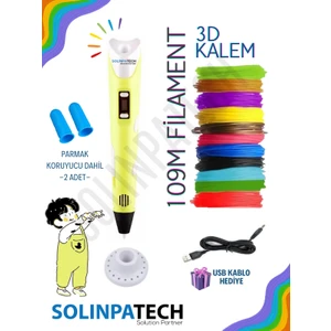 3D Pen SARI Üç Boyutlu Yazıcı Kalem Printer (Çok Renkli Filament -109METRE- ve USB Kablo Dahil) 