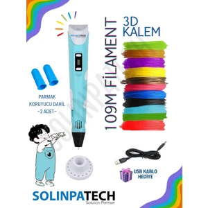 MAVİ 3D Pen Üç Boyutlu Yazıcı Kalem Printer (Çok Renkli Filament - 109 Metre- ve USB Kablo Dahil)