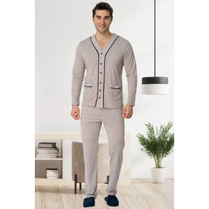 Mecit 22767 Kahve Önden Düğmeli Büyük Beden Erkek Pijama Takımı