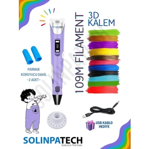 3D Kalem 3D Pen USB Kablolu Üç Boyutlu Yazıcı Kalem Printer-MOR (Çok Renkli Filament - 109METRE)