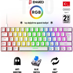 60 Tuş Mekanik Klavye Rgb Aydınlatmalı Oyuncu Klavyesi Blue Switch Q Kablolu Hot Swap Beyaz Klavye