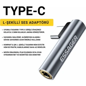 L Tip Type-C To 3.5mm Ses ve Kulaklık Çıkışı, Hifi Ses Destekli, Telefon, Tablet, Pc Uyumlu