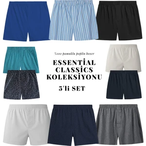 Yohannes Club Boxer Erkek, 5'li "Essentian Classics Koleksiyonu" % 100 Pamuklu Poplin Kumaş, Koyu Renkler, 5 Adet